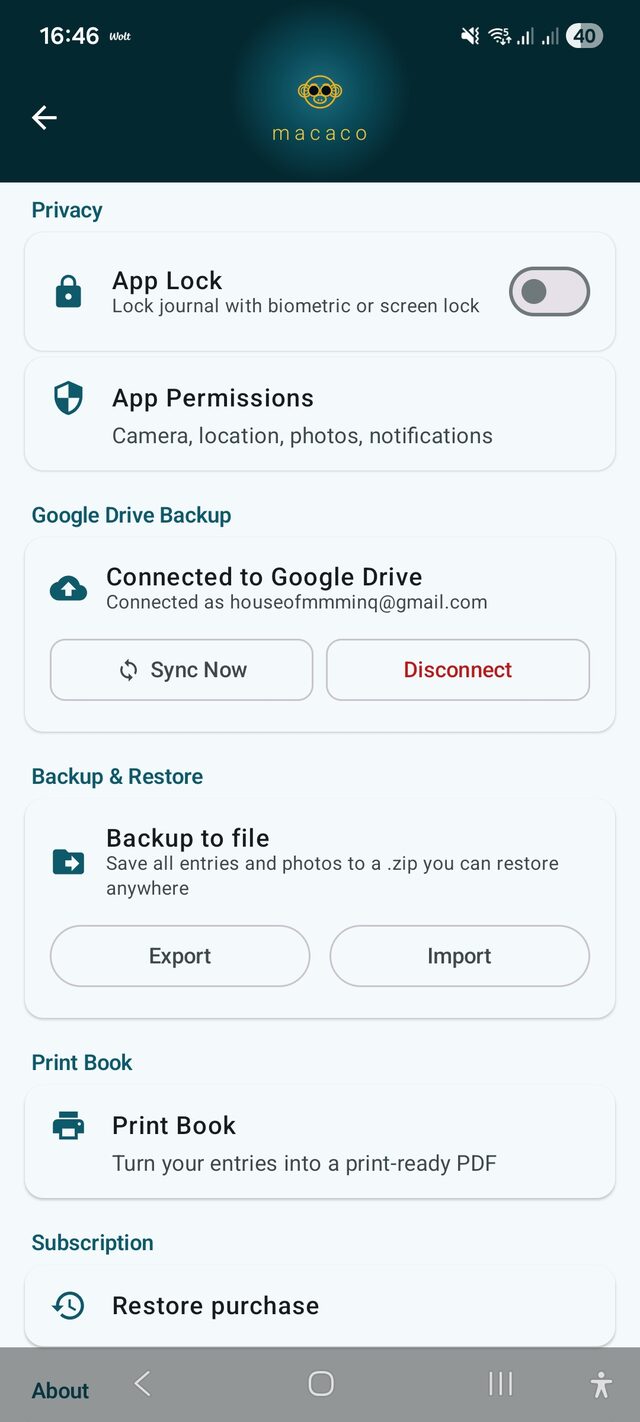 Macaco privacy settings β App Lock, App Permissions and Google Drive Backup controls